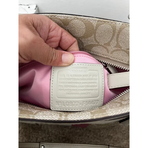 Coach Chelsea Leather Signature Heritage Logo Stripe Pink Beige Tote Bag - Picture 2 of 16
